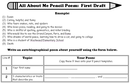 All About Me Poems - Biography Poem with Fun Pencil Shaped Templates