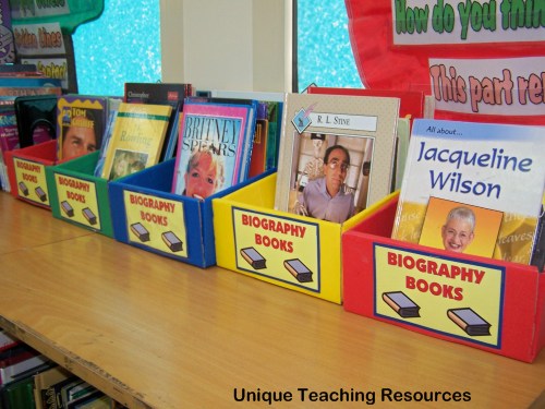 A colorful classroom library display of biography nonfiction books for students to read.