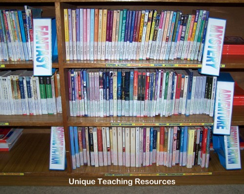 Heidi's classroom library divided into different genres of literature.