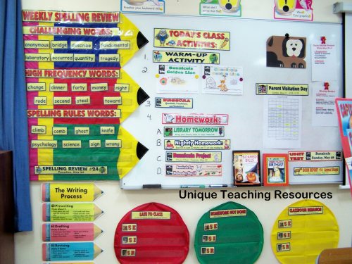 Classroom pocket chart displays for spelling words and student behavior.