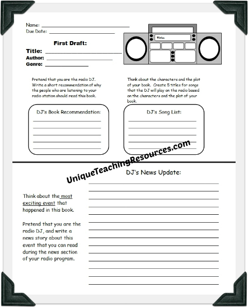 Radio Book Report Projects:  First Draft Printable Worksheets