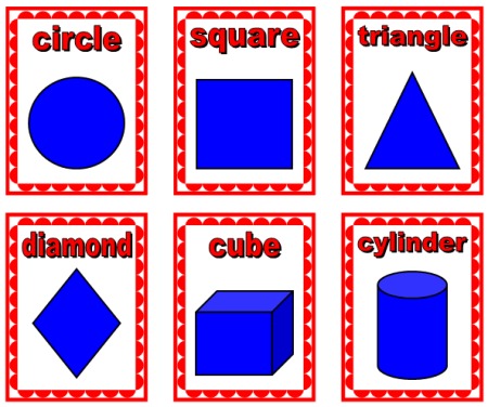 Math Geometric Shapes Display for Elementary School:  circle, square, triangle, diamond, cube, cylinder