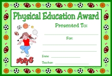 Physical Education PE Award Certificate For Girl Students
