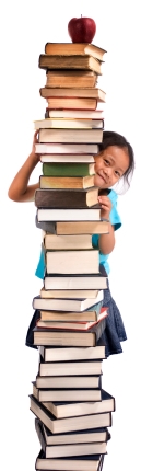 Young Girl Reading Stack of Books