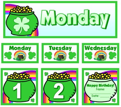 March and St. Patrick's Day Calendar Set for Pocket Charts Numbers and Days of Week