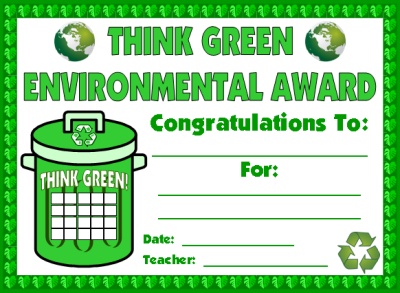 Think Green Recycling Environmental Award Certificate