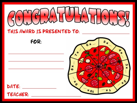 Math Teaching Resources Multiplication Award Certificate Pizza