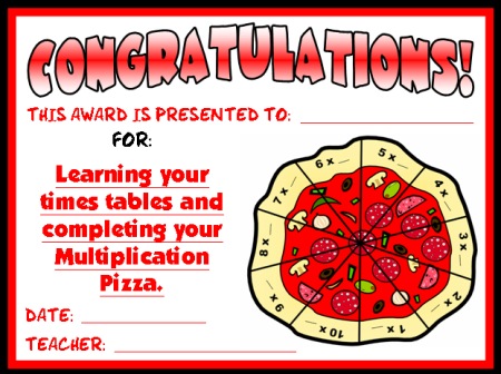 Math Multiplication Award Certificate Pizza Elementary School Students