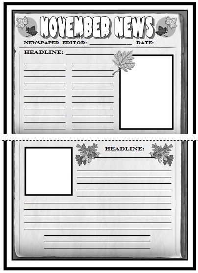 November, Fall, and Thanksgiving Newspaper Creative Writing Projects For Elementary School Students