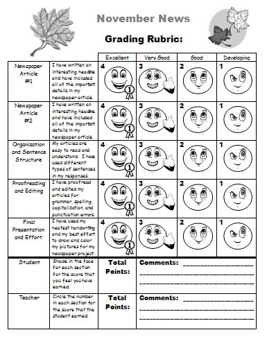 November and Thanksgiving Newspaper First Draft Grading Rubric Worksheets