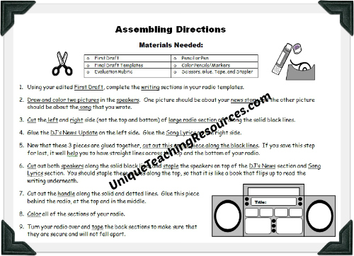 Radio book report project assembling directions worksheet