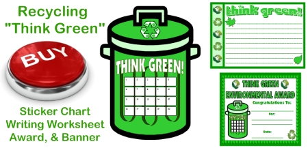 Recycling Sticker Chart, Award Certificate, and Writing Worksheet Set