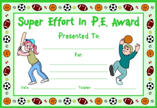 Super Effort In PE Award Certificate For Kids