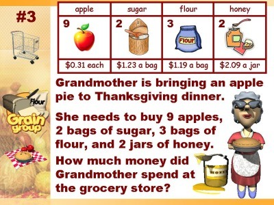 Grandmother is bringing an apple to Thanksgiving dinner. She needs to buy 9 apples, 2 bags of sugar, 3 bags of four, and 2 jars of honey. How much money did Grandmother spend at the grocery store?