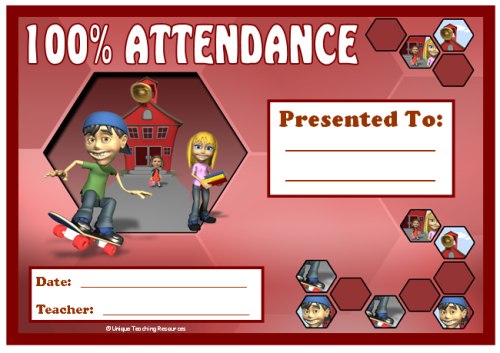 100% Attendance Award Certificate For Older Primary Students