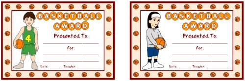 Basketball Award Certificates For Children and Elementary School Students