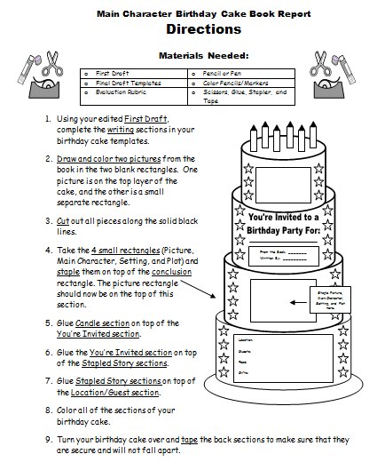 Birthday Cake Book Report Project Assembling Directions Printable Worksheet