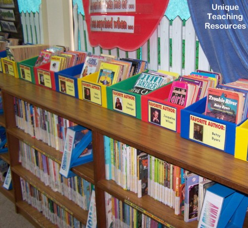 Classroom library display of favorite and popular authors for children