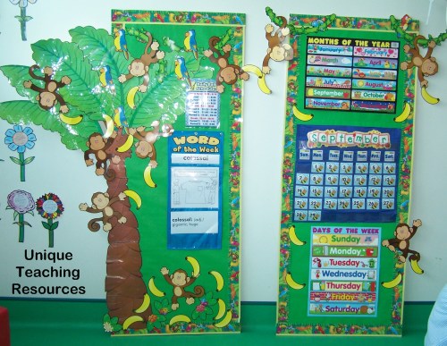 Classroom calendar and word of the day displays using pocket charts.