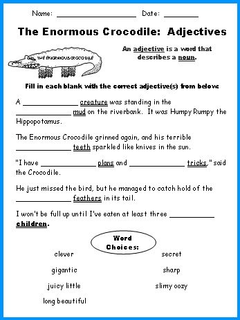 Enormous Crocodile Adjective Review Worksheet Roald Dahl Lesson Plans