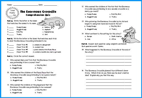 The Enormous Crocodile Quiz and Test Printable Worksheets Roald Dahl Lesson Plans