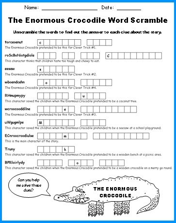 Enormous Crocodile Word Scramble Puzzles Printable Worksheets Roald Dahl