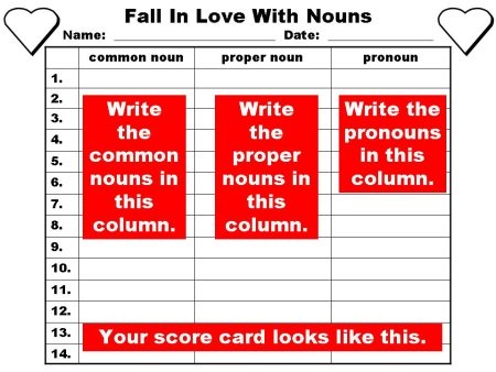 Student Answer Sheet for Valentine's Noun Powerpoint