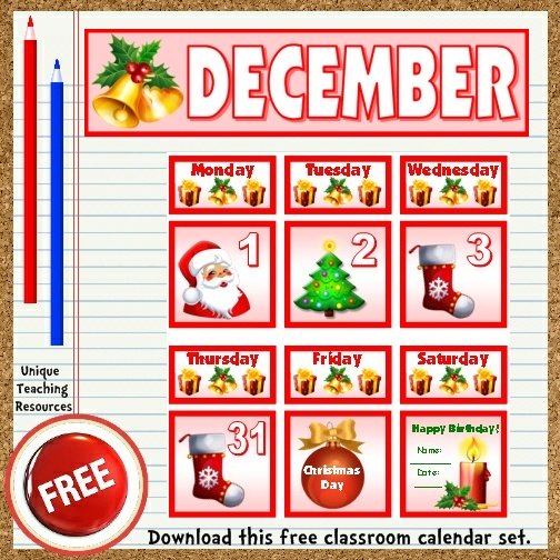 Download this free Christmas calendar set from Unique Teaching Resources.  Perfect for pocket charts!