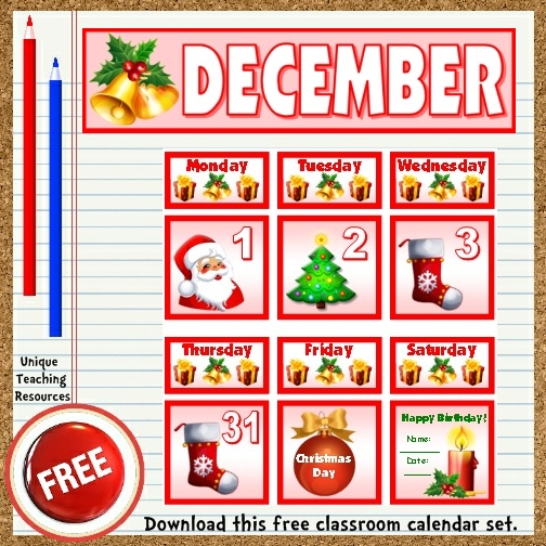 Download this free Christmas calendar set from Unique Teaching Resources.  Perfect for pocket charts!