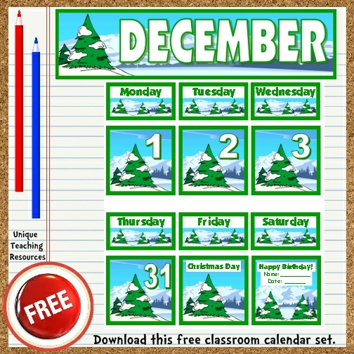 Download this free December calendar set from Unique Teaching Resources.  Perfect for pocket charts!