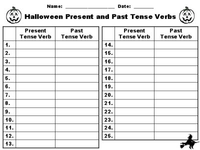 Halloween Past and Present Tense Verbs Printable Worksheets