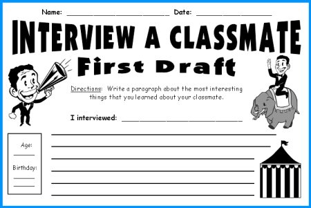 Interview a Classmate First Draft Printable Worksheets