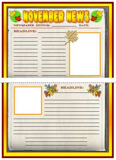 Thanksgiving Newspaper Creative Writing Templates, Worksheets, and Lesson Plans for November