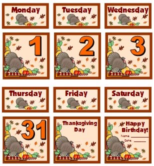 Thanksgiving and November Printable Calendar For School Teachers