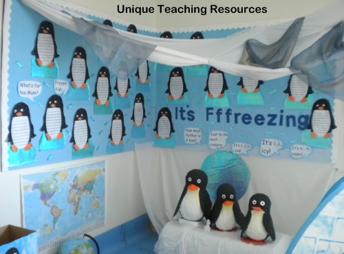 Penguin and winter bulletin board display example from Unique Teaching Resources.