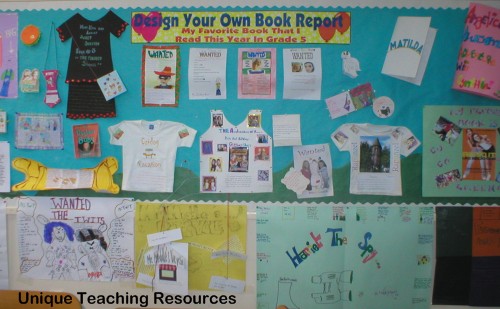 Classroom book report projects bulletin board display.  Students design their own projects for a fun end of school year activity.