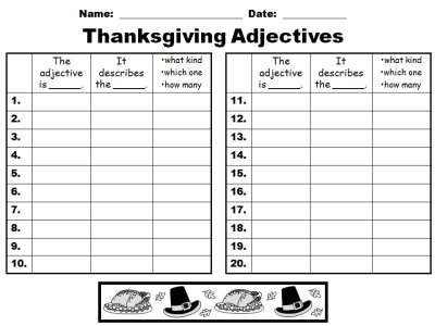 Thanksgiving Adjectives and Grammar Review Powerpoint Printable Worksheet