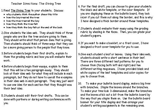 The Giving Tree Directions for Teachers for Lesson Plans