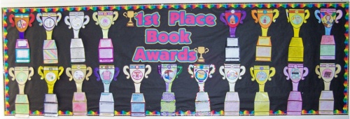 Elementary Classroom Bulletin Board Display of Trophy Book Report Projects