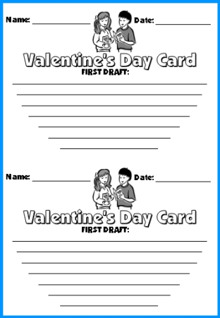 Valentine's Day Card First Draft Writing Worksheets for Elementary Students