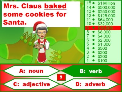 Who Wants to Be a Millionaire Christmas Powerpoint Game:  Nouns, Verbs, Adjectives, and Adverbs