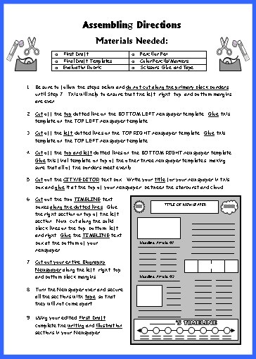 Biography Book Report Newspaper: templates, worksheets, and grading rubric.
