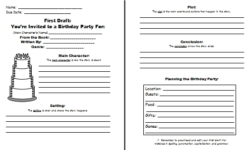 Birthday Cake Book Report Project First Draft Worksheets