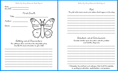 Butterfly Elementary Student Book Report Projects First Draft Writing Worksheets