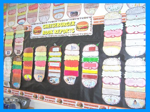 Classroom Bulletin Board Display of Cheeseburger Book Report Projects