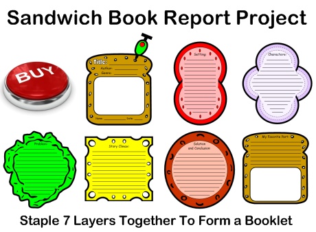 Sandwich book report project templates: bread, tomato, onion, lettuce, cheese, and meat