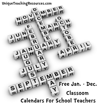 Free January through December classroom display calendars for teachers to download.