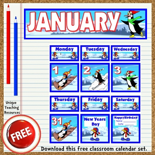 Download this free January calendar set from Unique Teaching Resources.  Perfect for pocket charts!