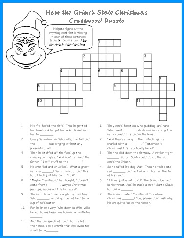 Christmas Crossword Puzzles on How The Grinch Stole Christmas Crossword Puzzle Worksheet Activity