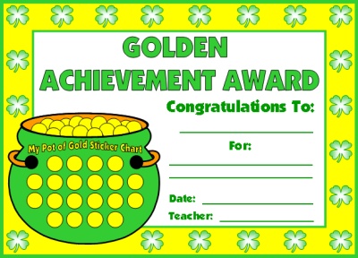 Golden Achievement Award Certificate St. Patrick's Day Theme Pot of Gold